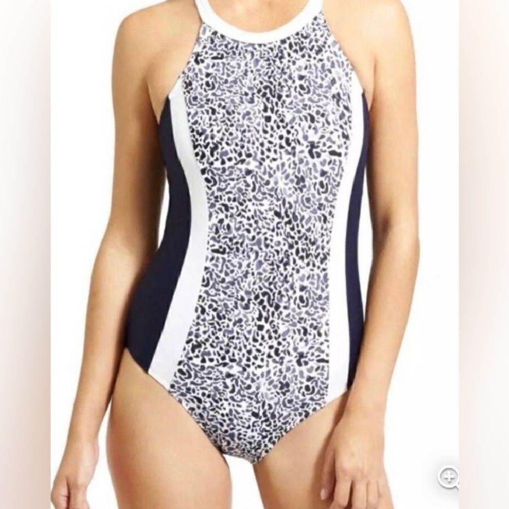 Athleta Navy Blue & White Leopard Print Zimbabwe One Piece Swimsuit Size 36 B/C